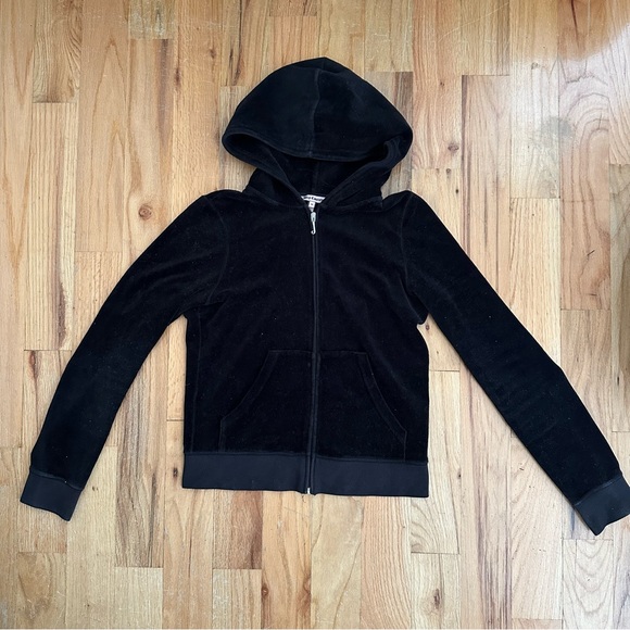 Sz M Y2K Juicy Couture Black Velour Zip Up Hoodie Sweater - Picture 2 of 4